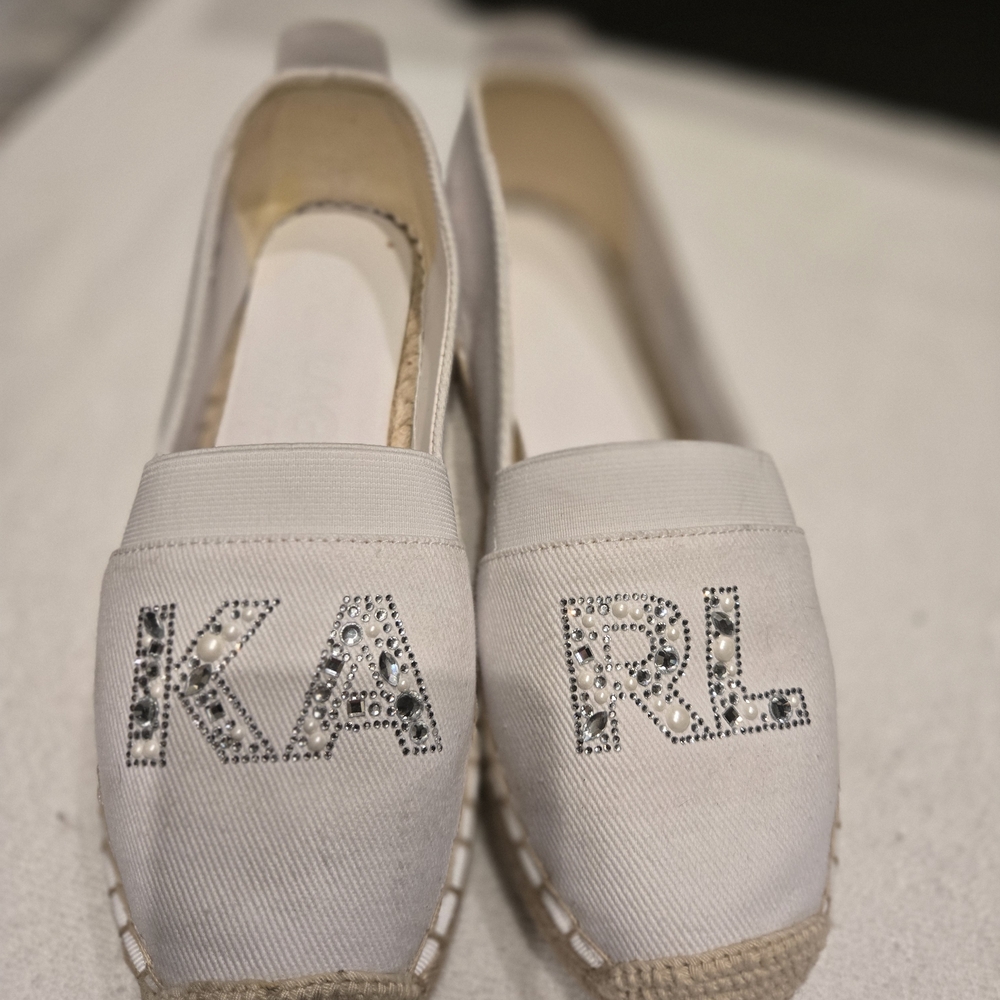 KARL Lagerfeld White Canvas Espadrilles with Rhinestone Logo
